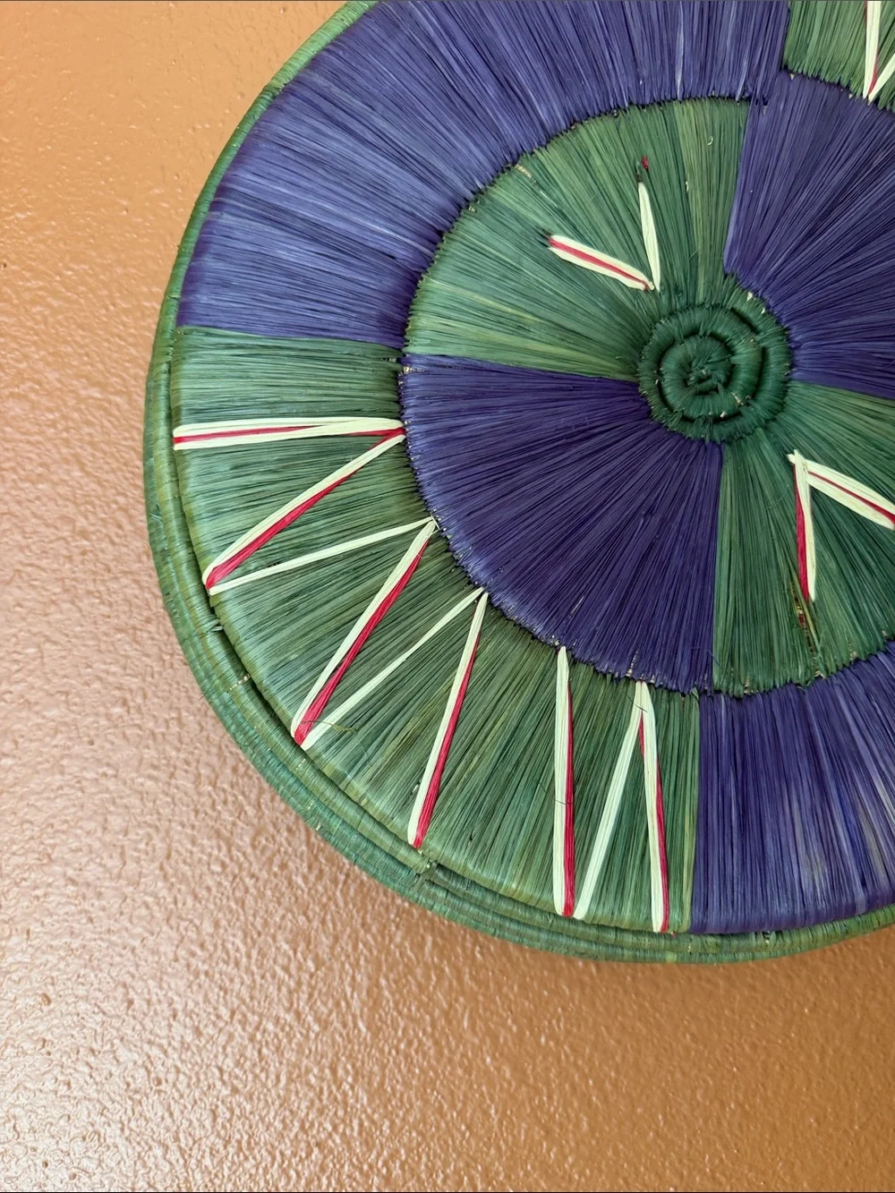 Handwoven Decorative Wall Basket in Green & Purple (14” Diameter)
